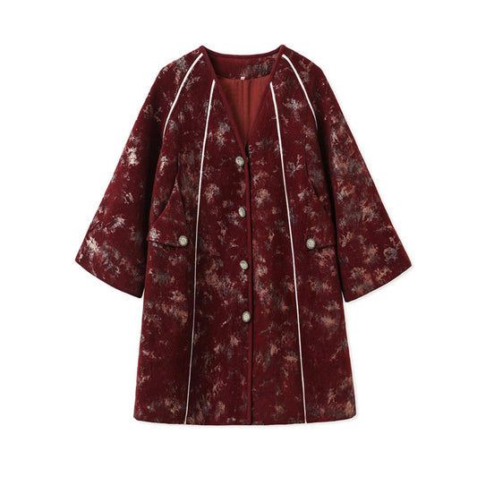 Embroidered Cardigan Dark Red Coat Stylish Stitching Purple Flowers