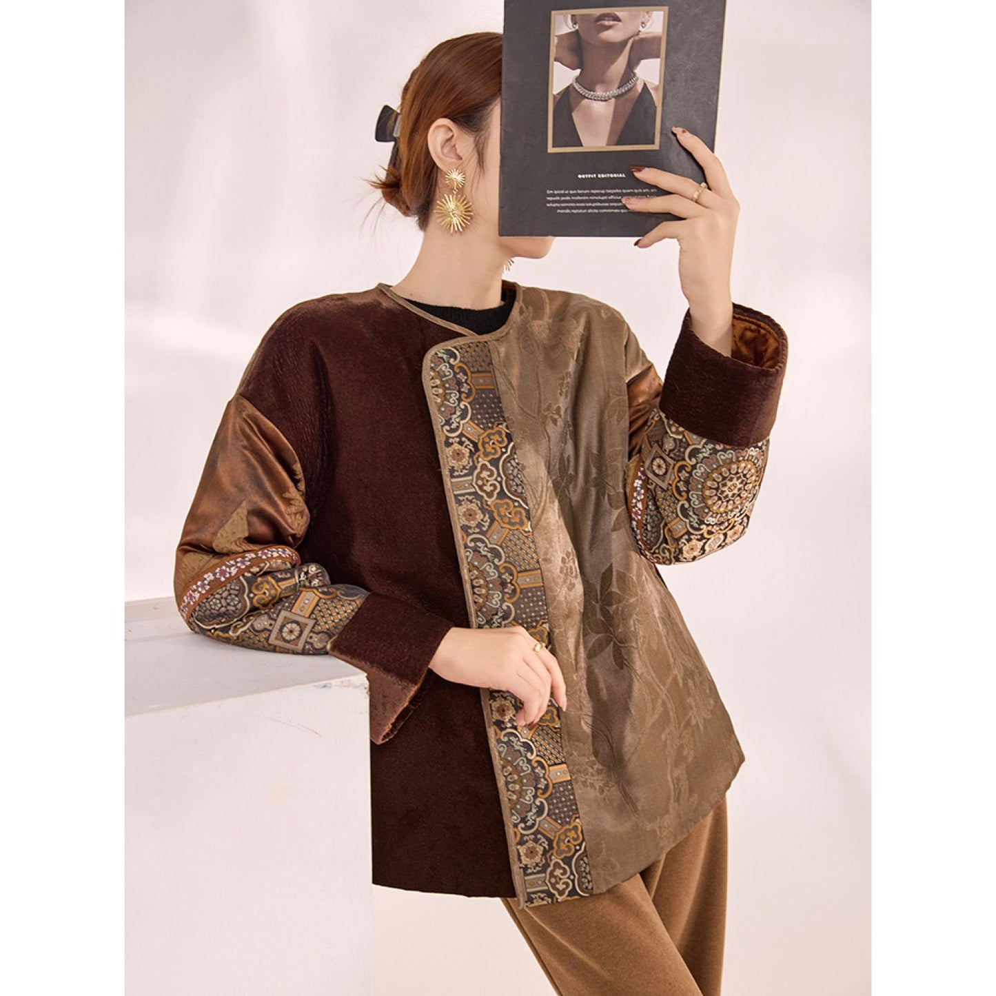 Embroidered Jacket Brown Floral Stylish Stitching