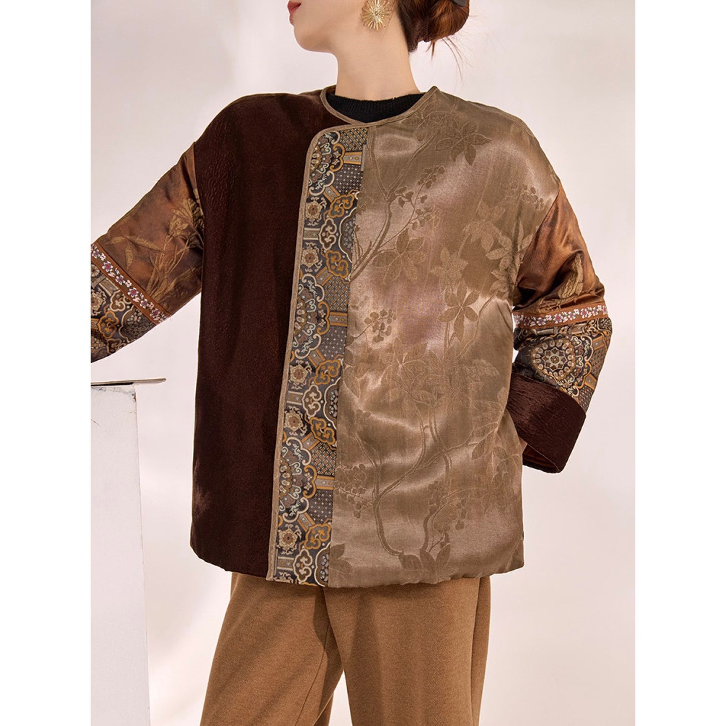 Embroidered Jacket Brown Floral Stylish Stitching