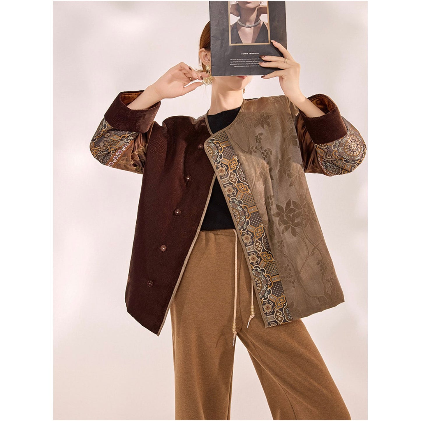 Embroidered Jacket Brown Floral Stylish Stitching