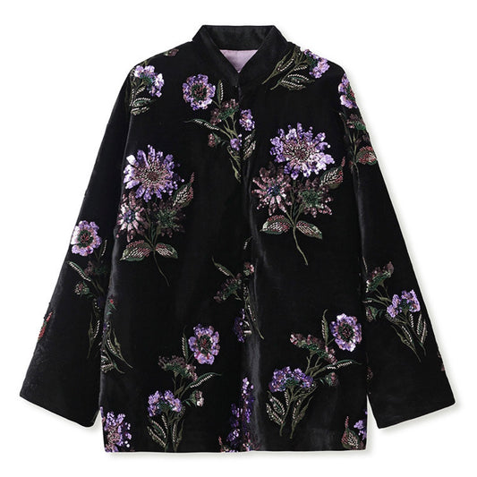 Embroidered Cardigan Black Jacket Stylish Stitching Purple Flowers